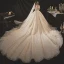 Élégant Champagne La Mariée Robe De Mariée 2020 Robe Boule De l'épaule Manches Courtes Dos Nu Appliques En Dentelle Paillettes Perlage Cathedral Train Volants