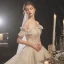 Élégant Champagne La Mariée Robe De Mariée 2020 Robe Boule De l'épaule Manches Courtes Dos Nu Appliques En Dentelle Paillettes Perlage Cathedral Train Volants