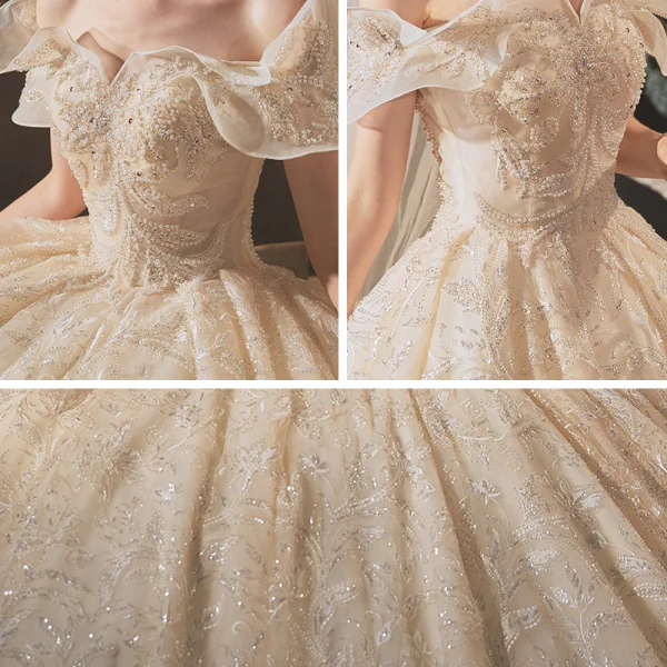 Élégant Champagne La Mariée Robe De Mariée 2020 Robe Boule De l'épaule Manches Courtes Dos Nu Appliques En Dentelle Paillettes Perlage Cathedral Train Volants