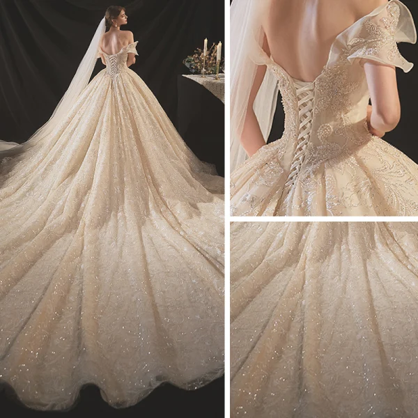 Élégant Champagne La Mariée Robe De Mariée 2020 Robe Boule De l'épaule Manches Courtes Dos Nu Appliques En Dentelle Paillettes Perlage Cathedral Train Volants
