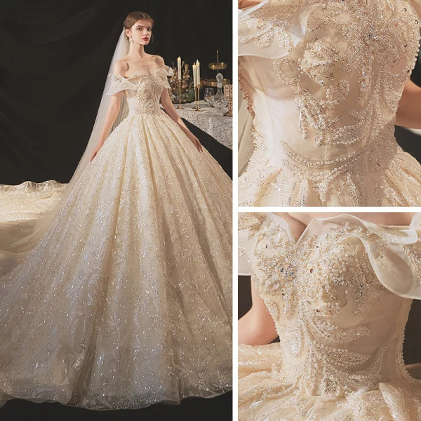 Élégant Champagne La Mariée Robe De Mariée 2020 Robe Boule De l'épaule Manches Courtes Dos Nu Appliques En Dentelle Paillettes Perlage Cathedral Train Volants