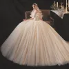Victorian Style Champagne Bridal Wedding Dresses 2020 Ball Gown Off-The-Shoulder Puffy Short Sleeve Backless Appliques Lace Beading Glitter Tulle Cathedral Train Ruffle