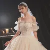 Victorian Style Champagne Bridal Wedding Dresses 2020 Ball Gown Off-The-Shoulder Puffy Short Sleeve Backless Appliques Lace Beading Glitter Tulle Cathedral Train Ruffle
