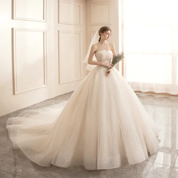 Prisvärd Champagne Brud Bröllopsklänningar 2020 Balklänning Axelbandslös Ärmlös Halterneck Appliqués Spets Beading Glittriga Glitter Tyll Chapel Train Ruffle