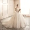 Affordable Champagne Bridal Wedding Dresses 2020 Ball Gown Strapless Sleeveless Backless Appliques Lace Beading Glitter Tulle Chapel Train Ruffle