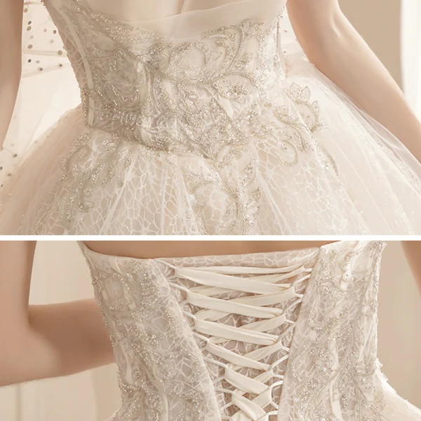 Affordable Champagne Bridal Wedding Dresses 2020 Ball Gown Strapless Sleeveless Backless Appliques Lace Beading Glitter Tulle Chapel Train Ruffle