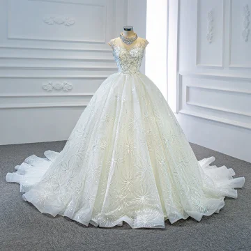 Luxury Gorgeous White See Through Bridal Wedding Dresses 2020 Ball Gown High Neck Short Sleeve Backless Handmade Beading Sequins Chapel Train Ruffle