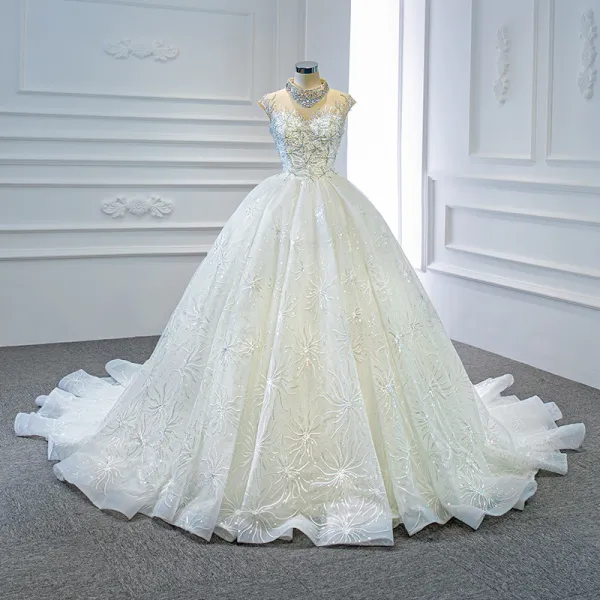 Luxury / Gorgeous White See-through Bridal Wedding Dresses 2020 Ball Gown High Neck Short Sleeve Backless Handmade  Beading Sequins Chapel Train Ruffle