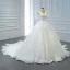 Luxus / Herrlich Weiß Durchsichtige Hochzeits Brautkleider / Hochzeitskleider 2020 Ballkleid Stehkragen Kurze Ärmel Rückenfreies Handgefertigt Perlenstickerei Pailletten Kapelle-Schleppe Rüschen