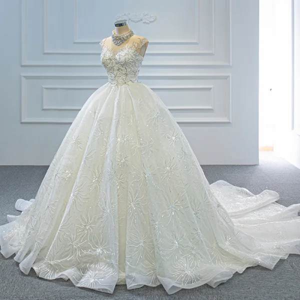 Luxus / Herrlich Weiß Durchsichtige Hochzeits Brautkleider / Hochzeitskleider 2020 Ballkleid Stehkragen Kurze Ärmel Rückenfreies Handgefertigt Perlenstickerei Pailletten Kapelle-Schleppe Rüschen