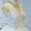 Luxus / Herrlich Weiß Durchsichtige Hochzeits Brautkleider / Hochzeitskleider 2020 Ballkleid Stehkragen Kurze Ärmel Rückenfreies Handgefertigt Perlenstickerei Pailletten Kapelle-Schleppe Rüschen