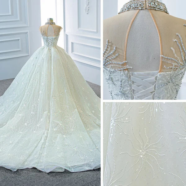 Luxus / Herrlich Weiß Durchsichtige Hochzeits Brautkleider / Hochzeitskleider 2020 Ballkleid Stehkragen Kurze Ärmel Rückenfreies Handgefertigt Perlenstickerei Pailletten Kapelle-Schleppe Rüschen
