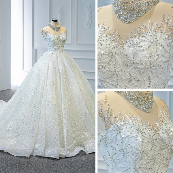 Luxus / Herrlich Weiß Durchsichtige Hochzeits Brautkleider / Hochzeitskleider 2020 Ballkleid Stehkragen Kurze Ärmel Rückenfreies Handgefertigt Perlenstickerei Pailletten Kapelle-Schleppe Rüschen