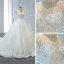 Luxus / Herrlich Weiß Durchsichtige Hochzeits Brautkleider / Hochzeitskleider 2020 Ballkleid Stehkragen Kurze Ärmel Rückenfreies Handgefertigt Perlenstickerei Pailletten Kapelle-Schleppe Rüschen