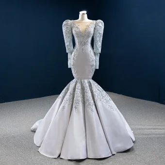 Vintage Retro Grey Satin Red Carpet Evening Dresses 2020 Trumpet Mermaid See Through Scoop Neck Puffy Long Sleeve Appliques Lace Beading Sequins Floor Length Long