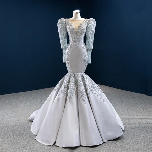 Vintage Retro Grey Satin Red Carpet Evening Dresses 2020 Trumpet Mermaid See-through Vintage Retro Grey Satin Red Carpet Evening Dresses 2020 Trumpet Mermaid See-through
