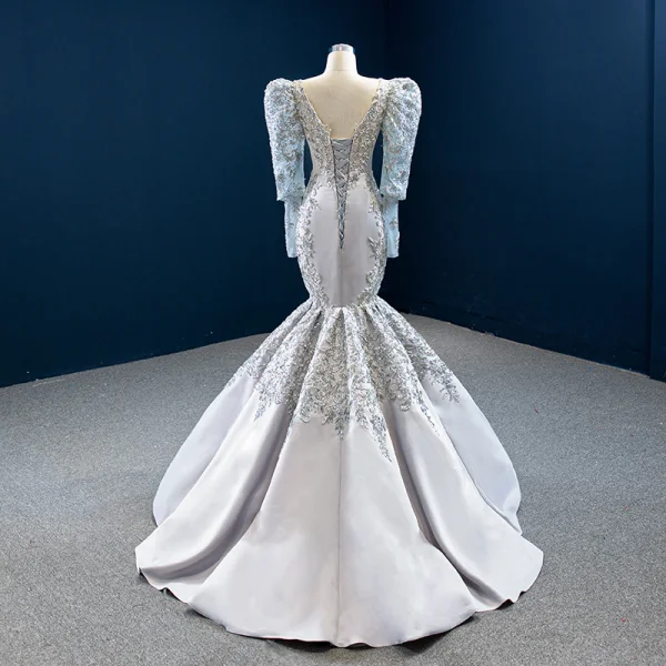 Vintage / Originale Gris Satin Tapis rouge Robe De Soirée 2020 Trompette / Sirène Transparentes Encolure Dégagée Gonflée Manches Longues Appliques En Dentelle Perlage Paillettes Longue