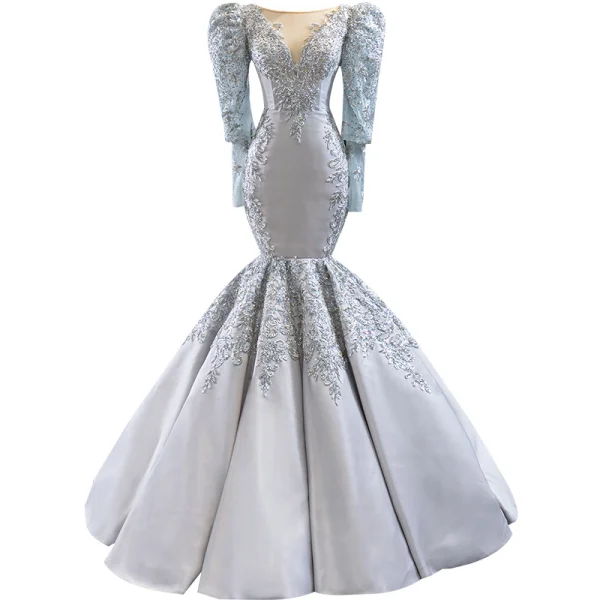 Vintage / Originale Gris Satin Tapis rouge Robe De Soirée 2020 Trompette / Sirène Transparentes Encolure Dégagée Gonflée Manches Longues Appliques En Dentelle Perlage Paillettes Longue