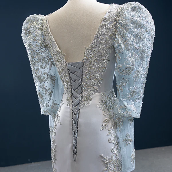 Vintage / Originale Gris Satin Tapis rouge Robe De Soirée 2020 Trompette / Sirène Transparentes Encolure Dégagée Gonflée Manches Longues Appliques En Dentelle Perlage Paillettes Longue