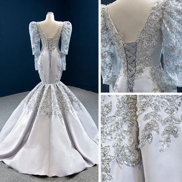 Vintage / Originale Gris Satin Tapis rouge Robe De Soirée 2020 Trompette / Sirène Transparentes Encolure Dégagée Gonflée Manches Longues Appliques En Dentelle Perlage Paillettes Longue