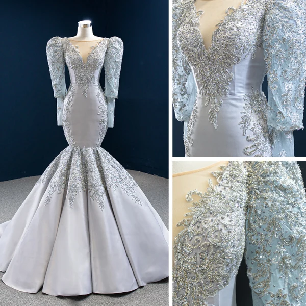 Vintage / Originale Gris Satin Tapis rouge Robe De Soirée 2020 Trompette / Sirène Transparentes Encolure Dégagée Gonflée Manches Longues Appliques En Dentelle Perlage Paillettes Longue