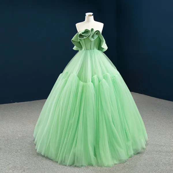 High-end Green Prom Dresses 2020 Ball Gown Strapless Sleeveless Floor-Length / Long Ruffle Backless Formal Dresses