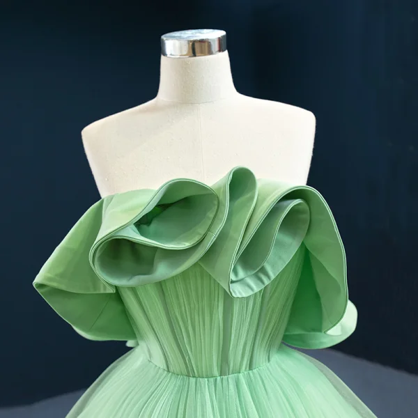 High-end Green Prom Dresses 2020 Ball Gown Strapless Sleeveless Floor-Length / Long Ruffle Backless Formal Dresses