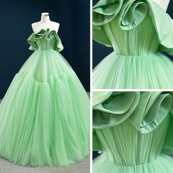 High-end Green Prom Dresses 2020 Ball Gown Strapless Sleeveless Floor-Length / Long Ruffle Backless Formal Dresses