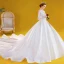 Vintage / Retro White Satin Bridal Wedding Dresses 2020 Ball Gown Scoop Neck Puffy Long Sleeve Backless Appliques Lace Beading Cathedral Train Ruffle
