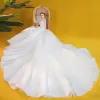 Vintage / Retro White Satin Bridal Wedding Dresses 2020 Ball Gown Scoop Neck Puffy Long Sleeve Backless Appliques Lace Beading Cathedral Train Ruffle