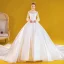 Vintage / Retro White Satin Bridal Wedding Dresses 2020 Ball Gown Scoop Neck Puffy Long Sleeve Backless Appliques Lace Beading Cathedral Train Ruffle