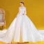 Vintage / Retro White Satin Bridal Wedding Dresses 2020 Ball Gown Scoop Neck Puffy Long Sleeve Backless Appliques Lace Beading Cathedral Train Ruffle