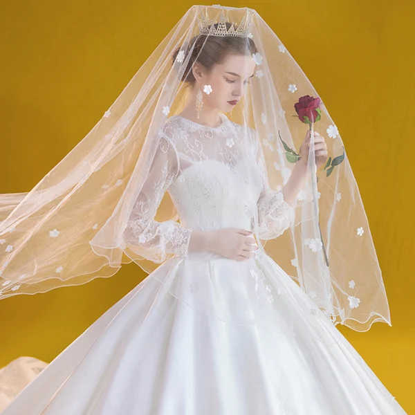 Vintage / Retro White Satin Bridal Wedding Dresses 2020 Ball Gown Scoop Neck Puffy Long Sleeve Backless Appliques Lace Beading Cathedral Train Ruffle
