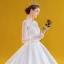 Vintage / Retro White Satin Bridal Wedding Dresses 2020 Ball Gown Scoop Neck Puffy Long Sleeve Backless Appliques Lace Beading Cathedral Train Ruffle