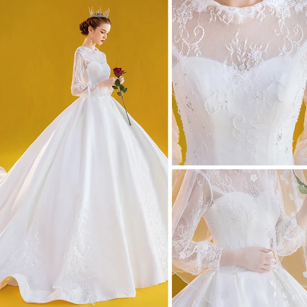 Vintage / Retro White Satin Bridal Wedding Dresses 2020 Ball Gown Scoop Neck Puffy Long Sleeve Backless Appliques Lace Beading Cathedral Train Ruffle