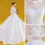 Vintage / Retro White Satin Bridal Wedding Dresses 2020 Ball Gown Scoop Neck Puffy Long Sleeve Backless Appliques Lace Beading Cathedral Train Ruffle
