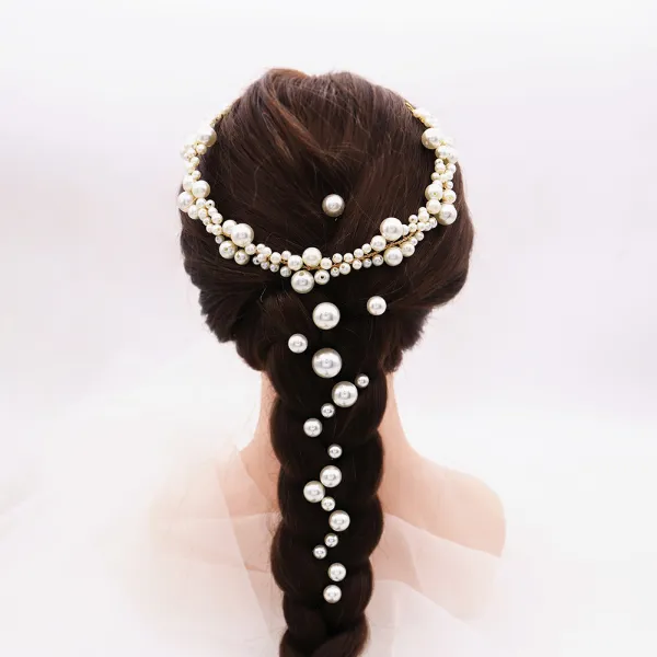 Chic / Beautiful Gold Headpieces Headbands Earrings Bridal Jewelry 2020 Alloy Pearl Rhinestone Wedding Accessories