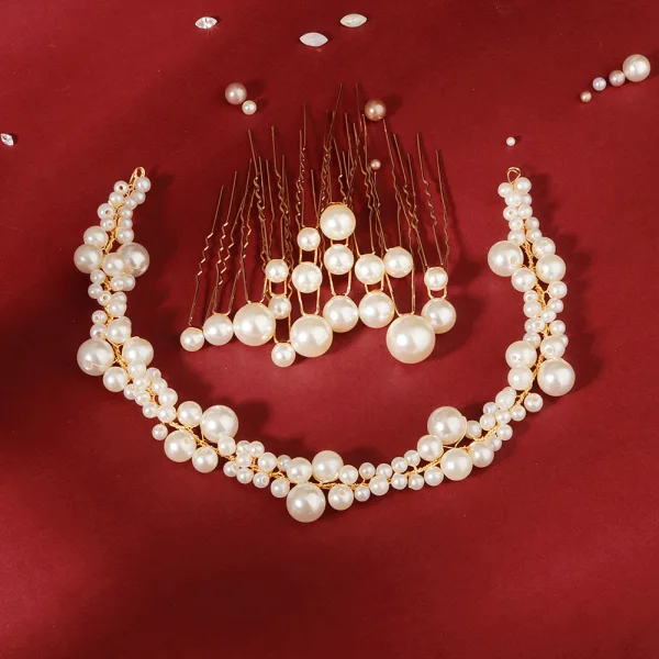 Chic / Beautiful Gold Headpieces Headbands Earrings Bridal Jewelry 2020 Alloy Pearl Rhinestone Wedding Accessories