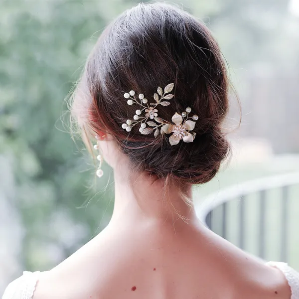Modest / Simple Gold Headpieces Bridal Hair Accessories 2020 Alloy Leaf Pearl Rhinestone Wedding Accessories