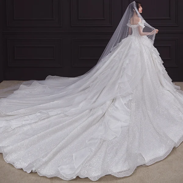 Romantic Champagne Bridal Wedding Dresses 2020 Ball Gown Off-The-Shoulder Bow Short Sleeve Backless Glitter Tulle Cathedral Train Ruffle