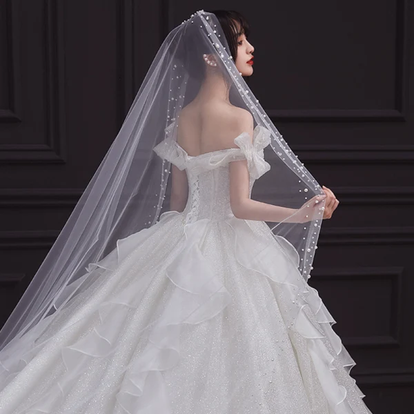 Romantic Champagne Bridal Wedding Dresses 2020 Ball Gown Off-The-Shoulder Bow Short Sleeve Backless Glitter Tulle Cathedral Train Ruffle