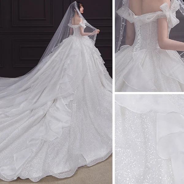 Romantic Champagne Bridal Wedding Dresses 2020 Ball Gown Off-The-Shoulder Bow Short Sleeve Backless Glitter Tulle Cathedral Train Ruffle