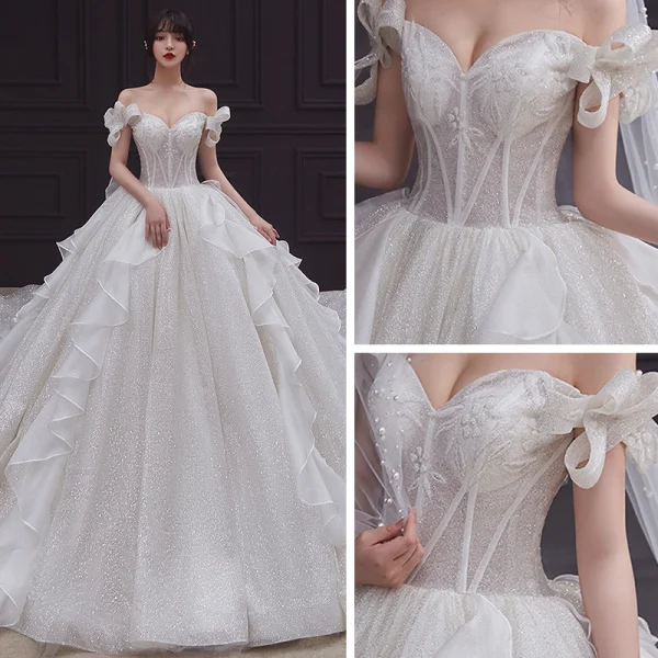 Romantic Champagne Bridal Wedding Dresses 2020 Ball Gown Off-The-Shoulder Bow Short Sleeve Backless Glitter Tulle Cathedral Train Ruffle