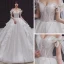 Romantic Champagne Bridal Wedding Dresses 2020 Ball Gown Off-The-Shoulder Bow Short Sleeve Backless Glitter Tulle Cathedral Train Ruffle