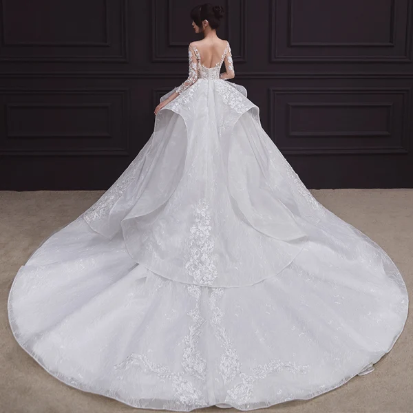 Illusion White See-through Bridal Wedding Dresses 2020 Ball Gown Scoop Neck 3/4 Sleeve Backless Beading Appliques Lace Cathedral Train Ruffle