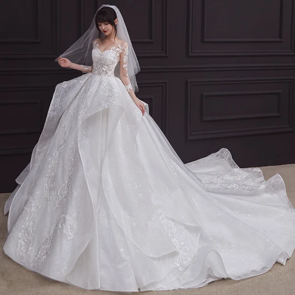 Illusion White See-through Bridal Wedding Dresses 2020 Ball Gown Scoop Neck 3/4 Sleeve Backless Beading Appliques Lace Cathedral Train Ruffle