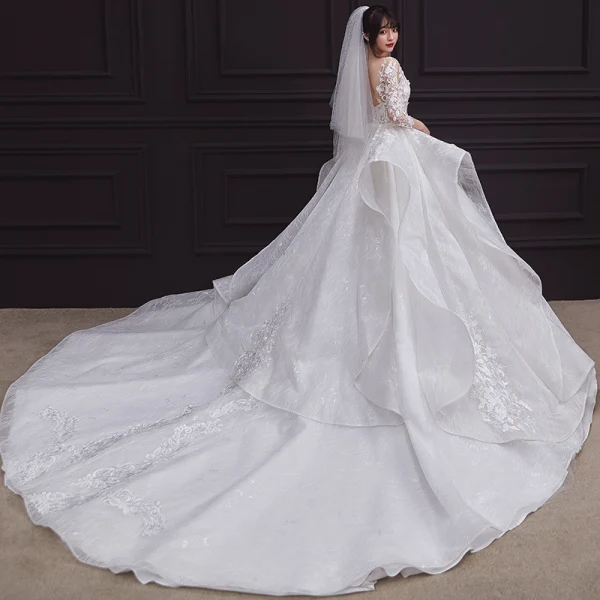 Illusion White See-through Bridal Wedding Dresses 2020 Ball Gown Scoop Neck 3/4 Sleeve Backless Beading Appliques Lace Cathedral Train Ruffle