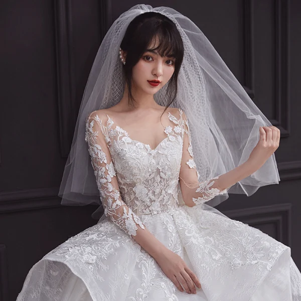 Illusion White See-through Bridal Wedding Dresses 2020 Ball Gown Scoop Neck 3/4 Sleeve Backless Beading Appliques Lace Cathedral Train Ruffle