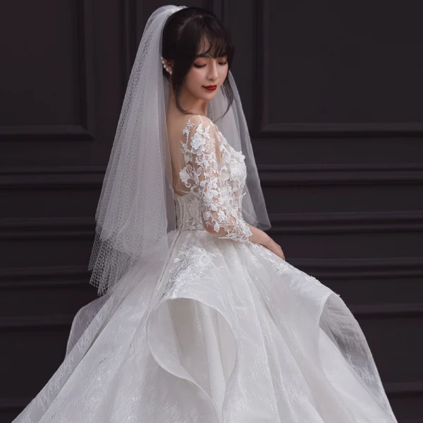 Illusion White See-through Bridal Wedding Dresses 2020 Ball Gown Scoop Neck 3/4 Sleeve Backless Beading Appliques Lace Cathedral Train Ruffle