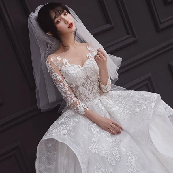Illusion White See-through Bridal Wedding Dresses 2020 Ball Gown Scoop Neck 3/4 Sleeve Backless Beading Appliques Lace Cathedral Train Ruffle